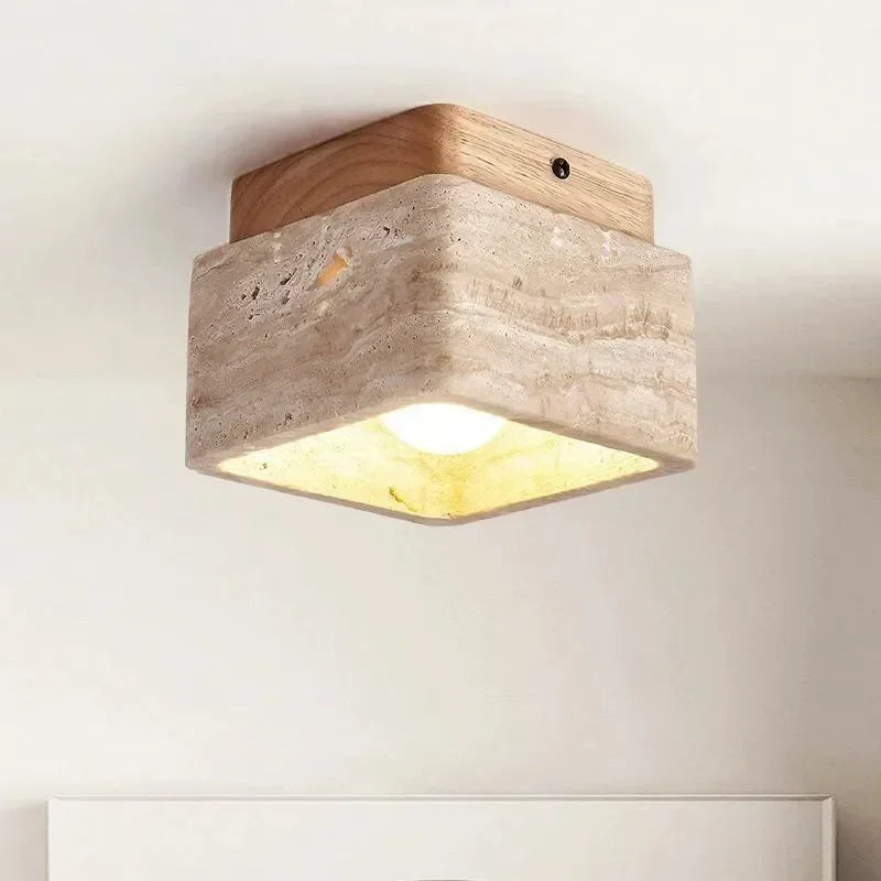 Vellaro | Square Travertine Ceiling Light with Walnut Wood Base | Deretia