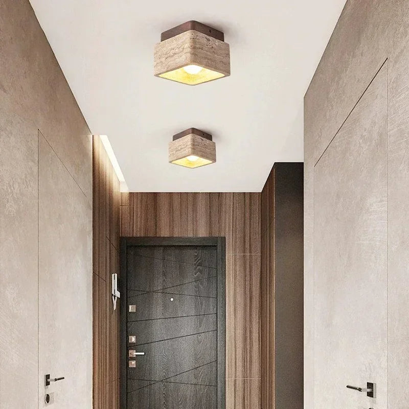 Vellaro | Square Travertine Ceiling Light with Walnut Wood Base | Deretia