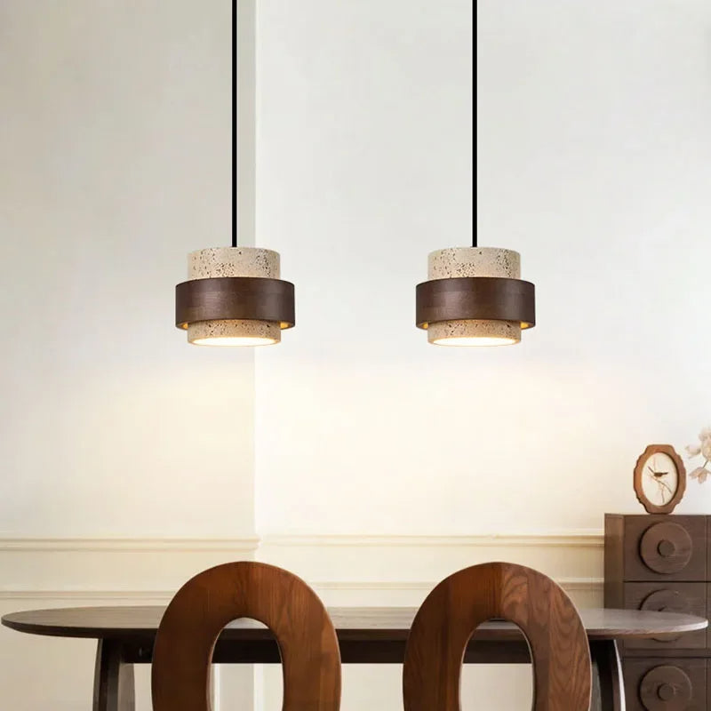 Korensa | Stone & Wood Pendant Light with Adjustable Cord | Deretia