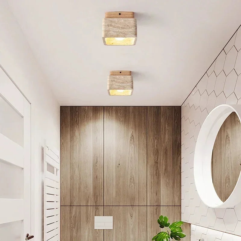 Vellaro | Square Travertine Ceiling Light with Walnut Wood Base | Deretia
