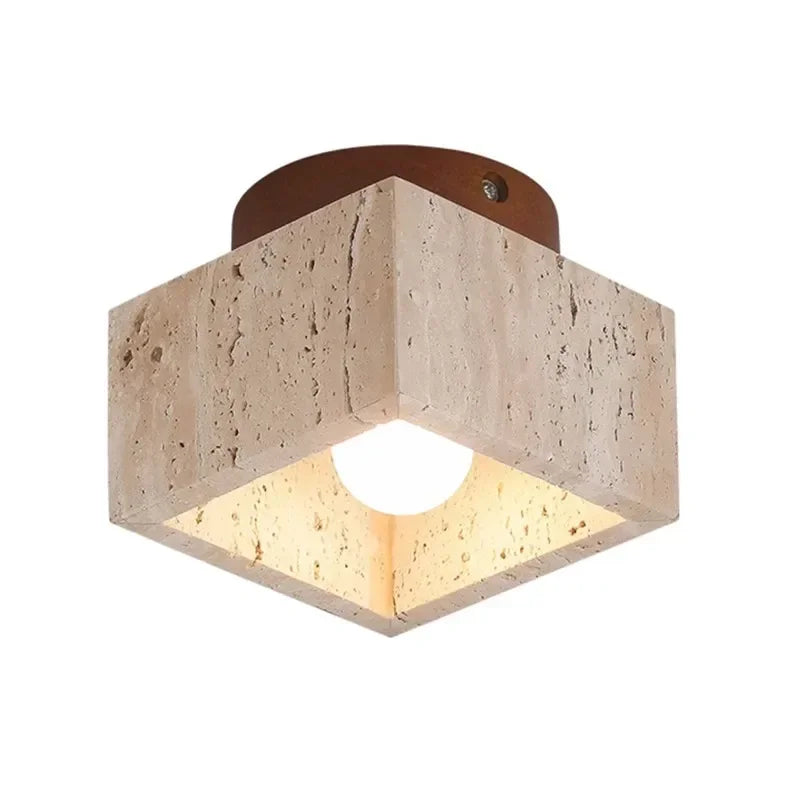 Vellaro | Square Travertine Ceiling Light with Walnut Wood Base | Deretia