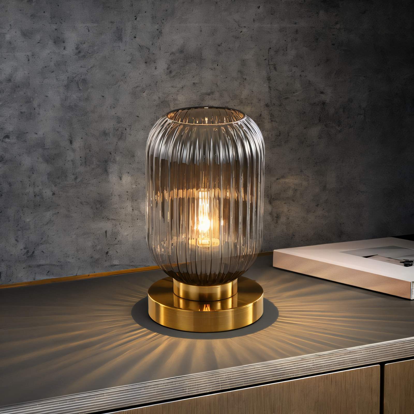 Norelle északi asztali lámpa bordázott üveggel és meleg fényű LED-del