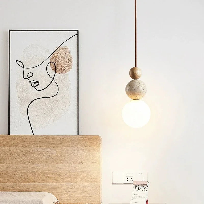 Wabi Sabi Stone Pendant Lamp With Smooth Wood Spheres And Textured Stone