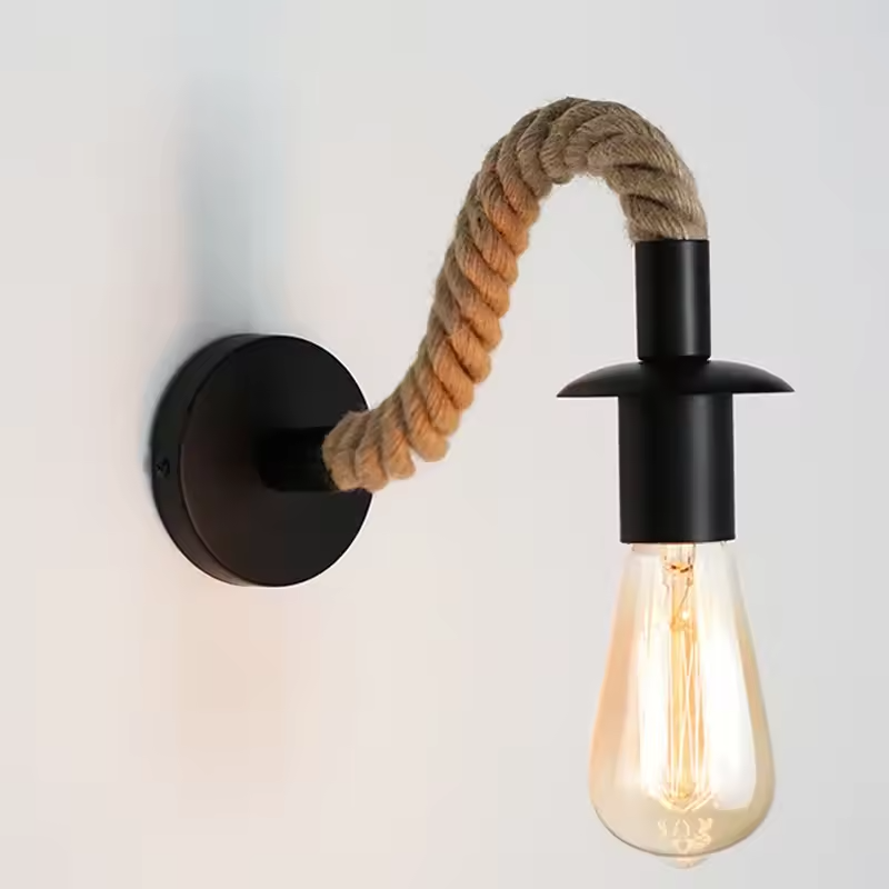 ArdentWeave | Rustic Iron Wall Lamp with Hemp Rope Decor | Deretia