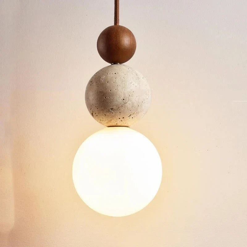 Wabi Sabi Stone Pendant Lamp With Smooth Wood Spheres And Textured Stone