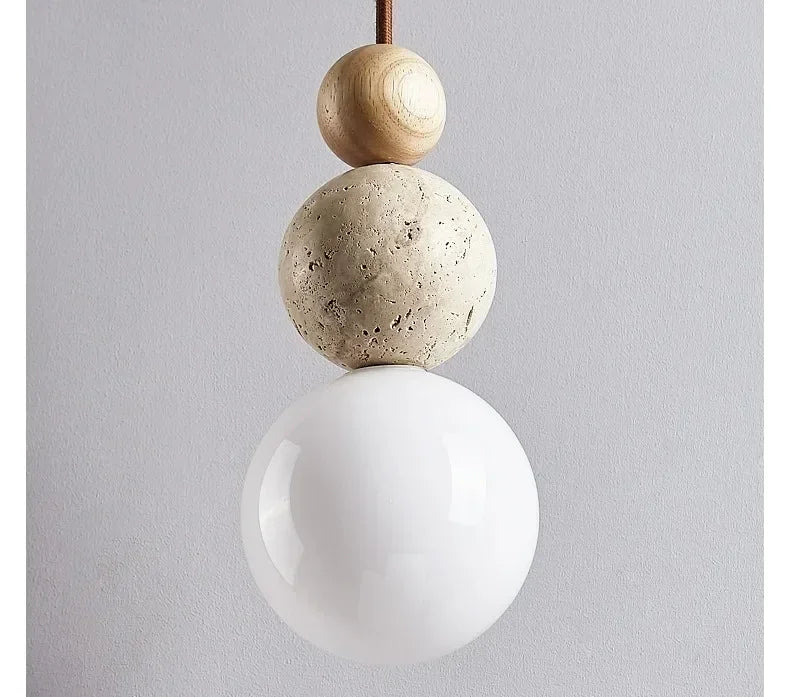 Wabi Sabi Stone Pendant Lamp With Smooth Wood Spheres And Textured Stone