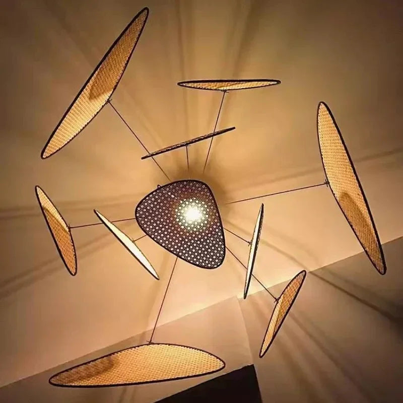 Aelora Leaf Grid Rattan Chandelier Handcrafted From Rattan And Iron