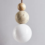 Wabi Sabi Stone Pendant Lamp With Smooth Wood Spheres And Textured Stone