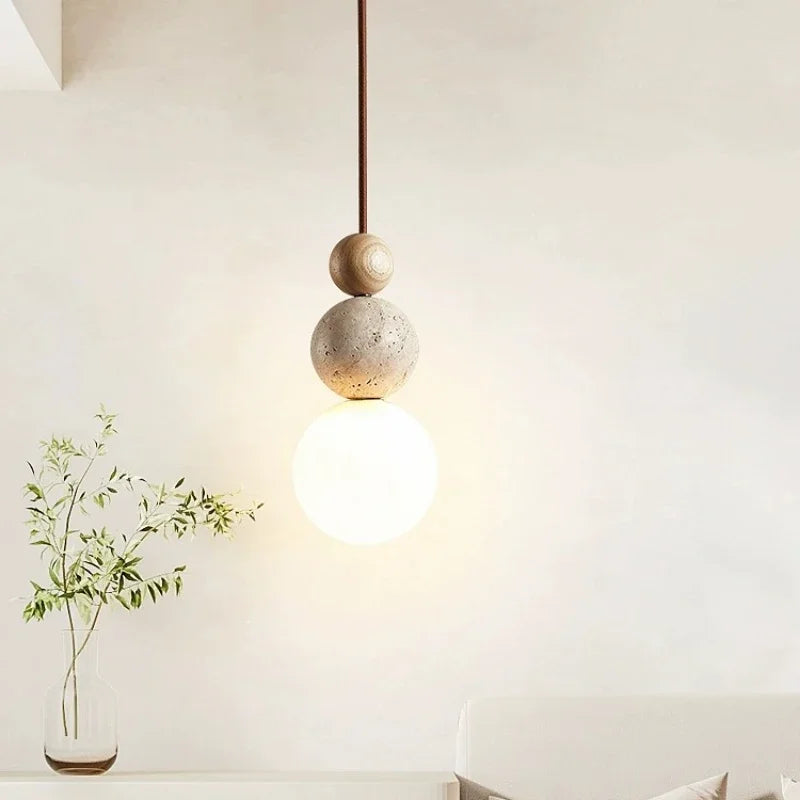 Wabi Sabi Stone Pendant Lamp With Smooth Wood Spheres And Textured Stone