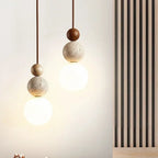 Wabi Sabi Stone Pendant Lamp With Smooth Wood Spheres And Textured Stone