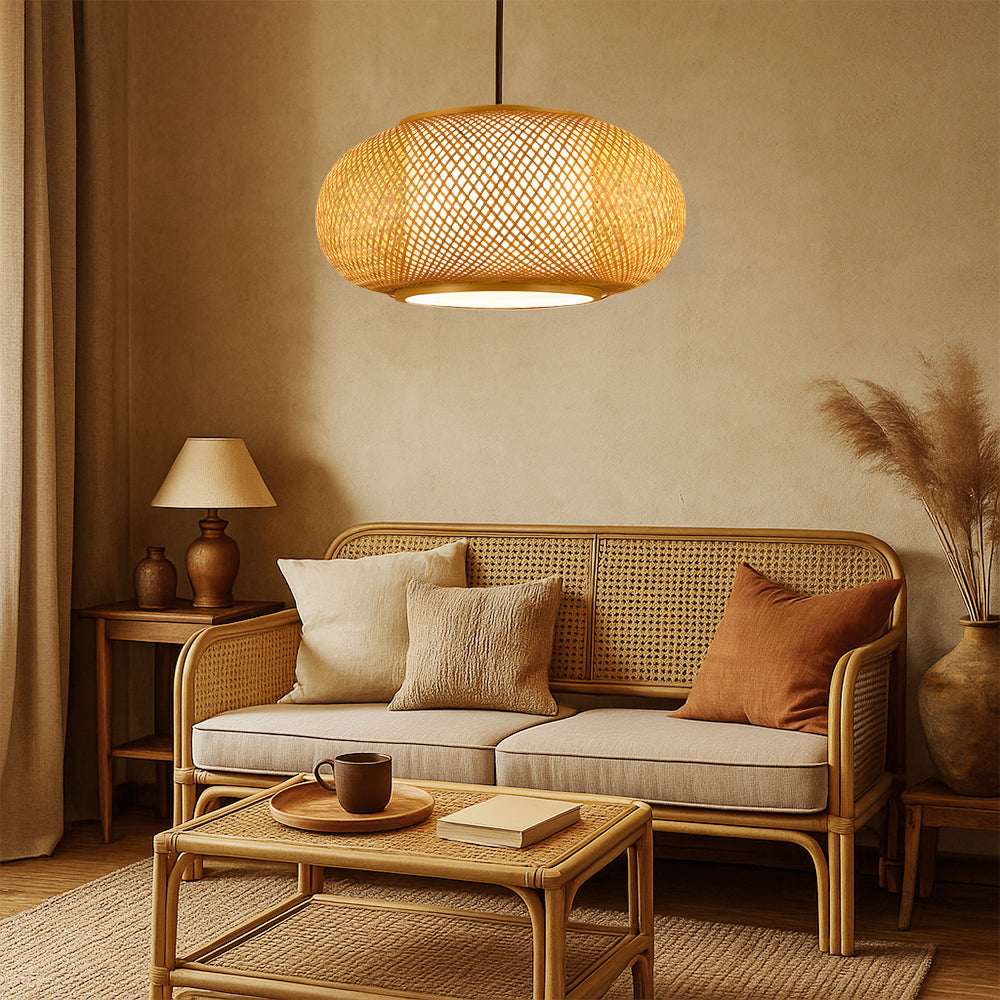 Virell Bamboo Pendant Light With Natural Open Weave Shade