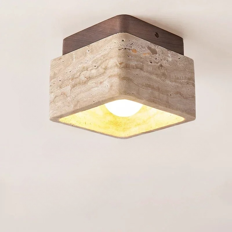 Vellaro | Square Travertine Ceiling Light with Walnut Wood Base | Deretia
